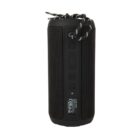 Black portable Bluetooth speaker with control buttons and a carrying strap.