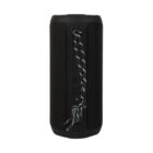 Black portable Bluetooth speaker with textured sides and a black-and-white carrying cord.