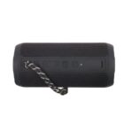 Black portable Bluetooth speaker with control buttons and a carrying strap.