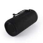 Black portable Bluetooth speaker with a textured surface and control buttons on top.