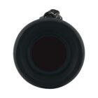 A black cylindrical object viewed from the front, with a strap attached to the top.