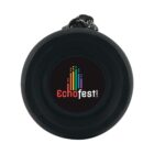 Black round speaker with echofest logo and colorful sound wave graphic on its front.
