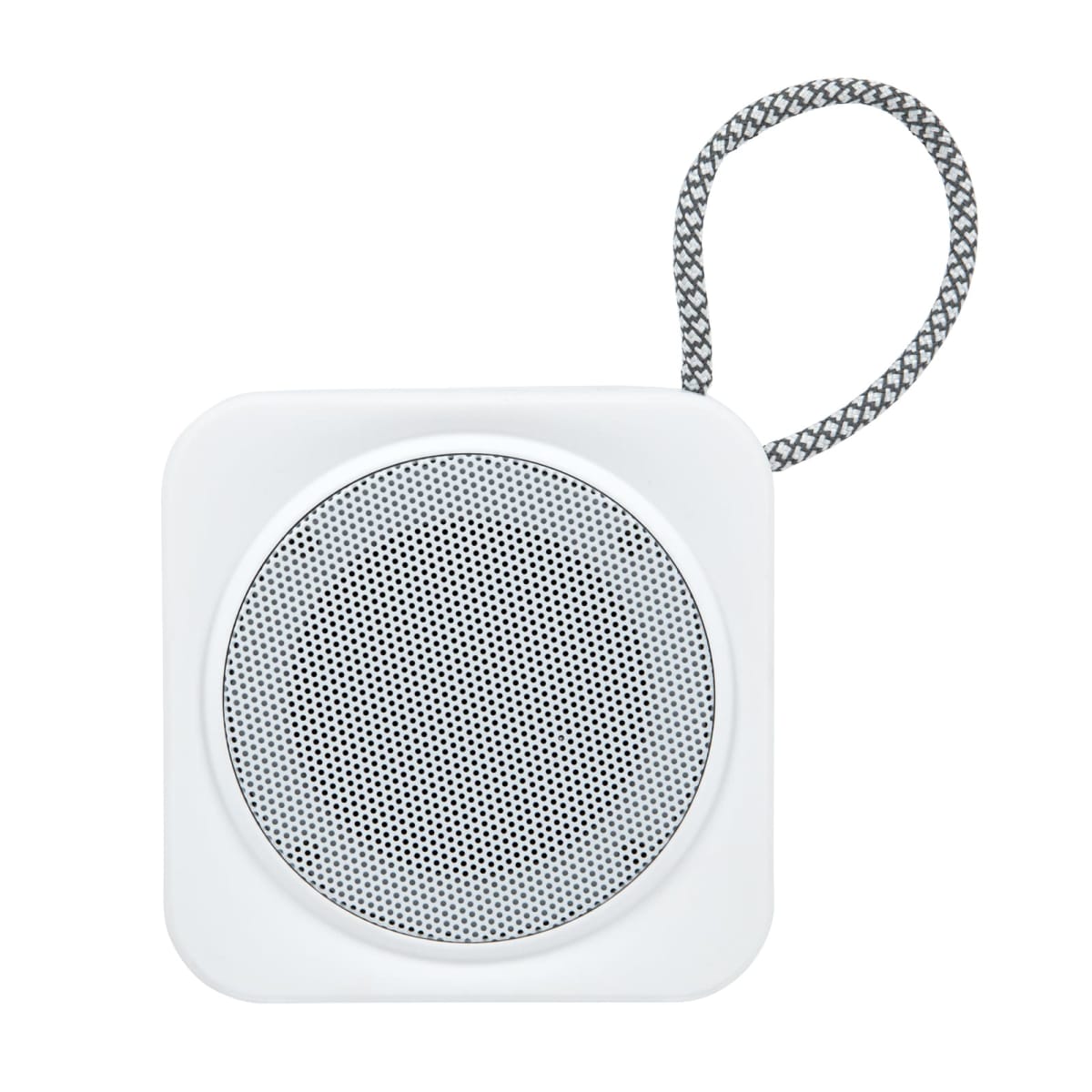 A white portable Bluetooth speaker with a gray mesh grill and a braided carrying loop.