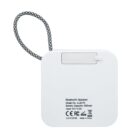 White square Bluetooth speaker with a black-and-white wrist strap, viewed from the back.