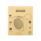 Cardboard box with a line drawing of a wireless speaker and icons for its features.