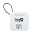White square DataChimp Bluetooth speaker with black wrist strap and product info on back.
