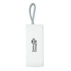 White power bank with a braided loop and DataChimp logo on the front.