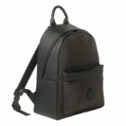 Black and dark brown backpack with a front pocket and top handle, shown on a white background.
