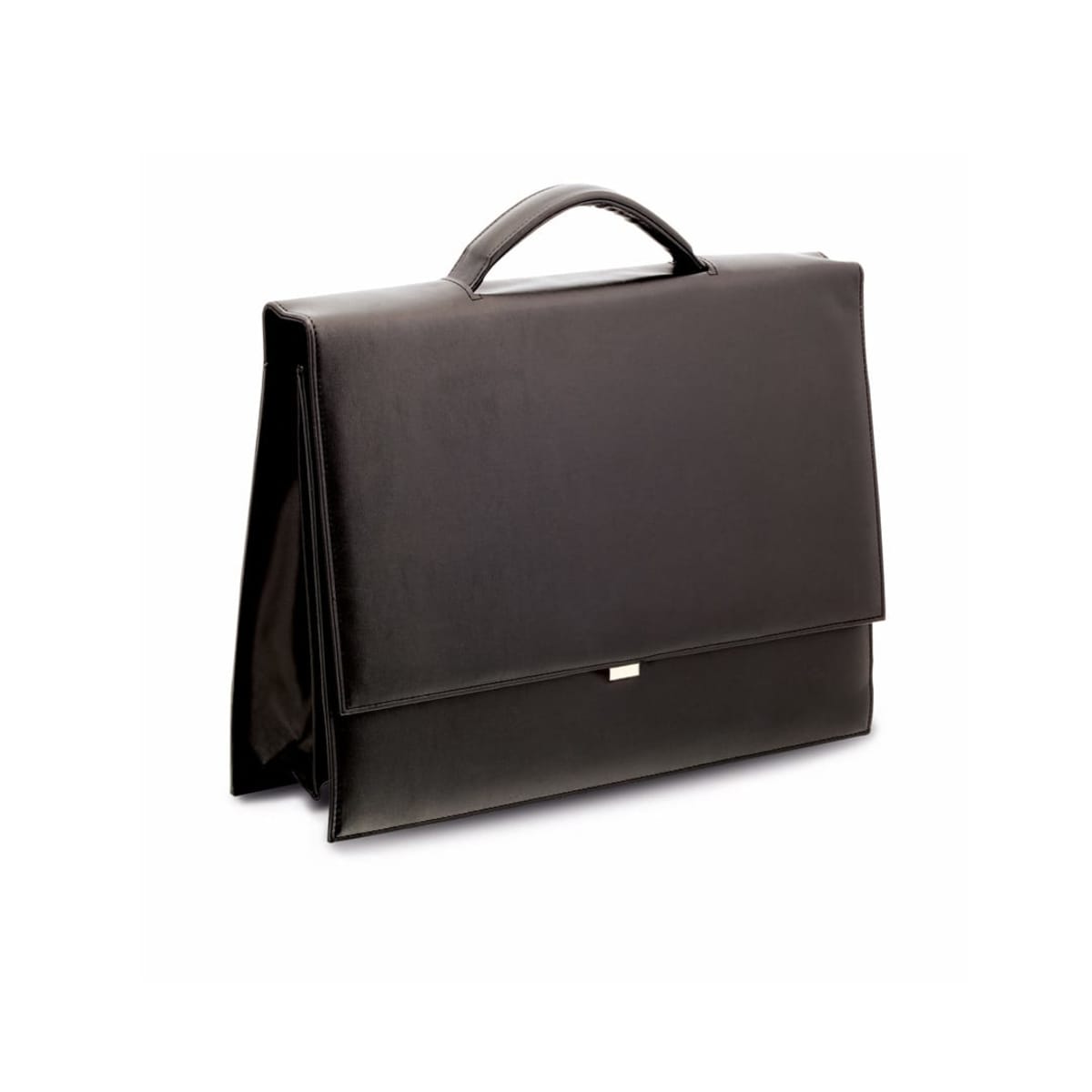 Black leather briefcase with a handle, shown against a plain white background.