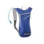 Blue hydration backpack with zippered pockets and a drinking tube on a white background.