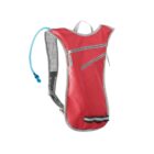 Red hydration backpack with blue drinking tube, gray trim, and zippered pockets on white background.