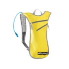 A yellow hydration backpack with a blue drinking tube and zippered pockets.