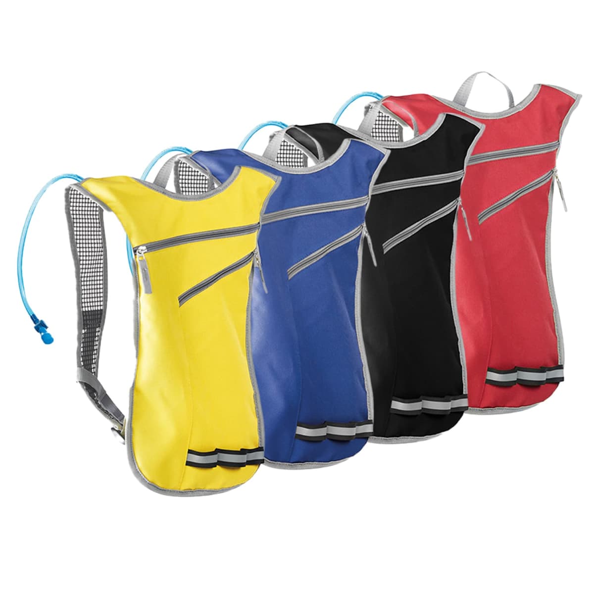 Four hydration backpacks in yellow, blue, black, and red, with drinking tubes and zippers.