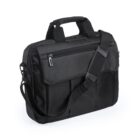 Black laptop bag with handles and a shoulder strap on a white background.