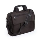 Black laptop bag with a shoulder strap and front zipper pocket, on a white background.