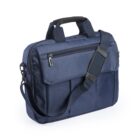 Navy blue laptop bag with handles, front pocket, and adjustable shoulder strap.