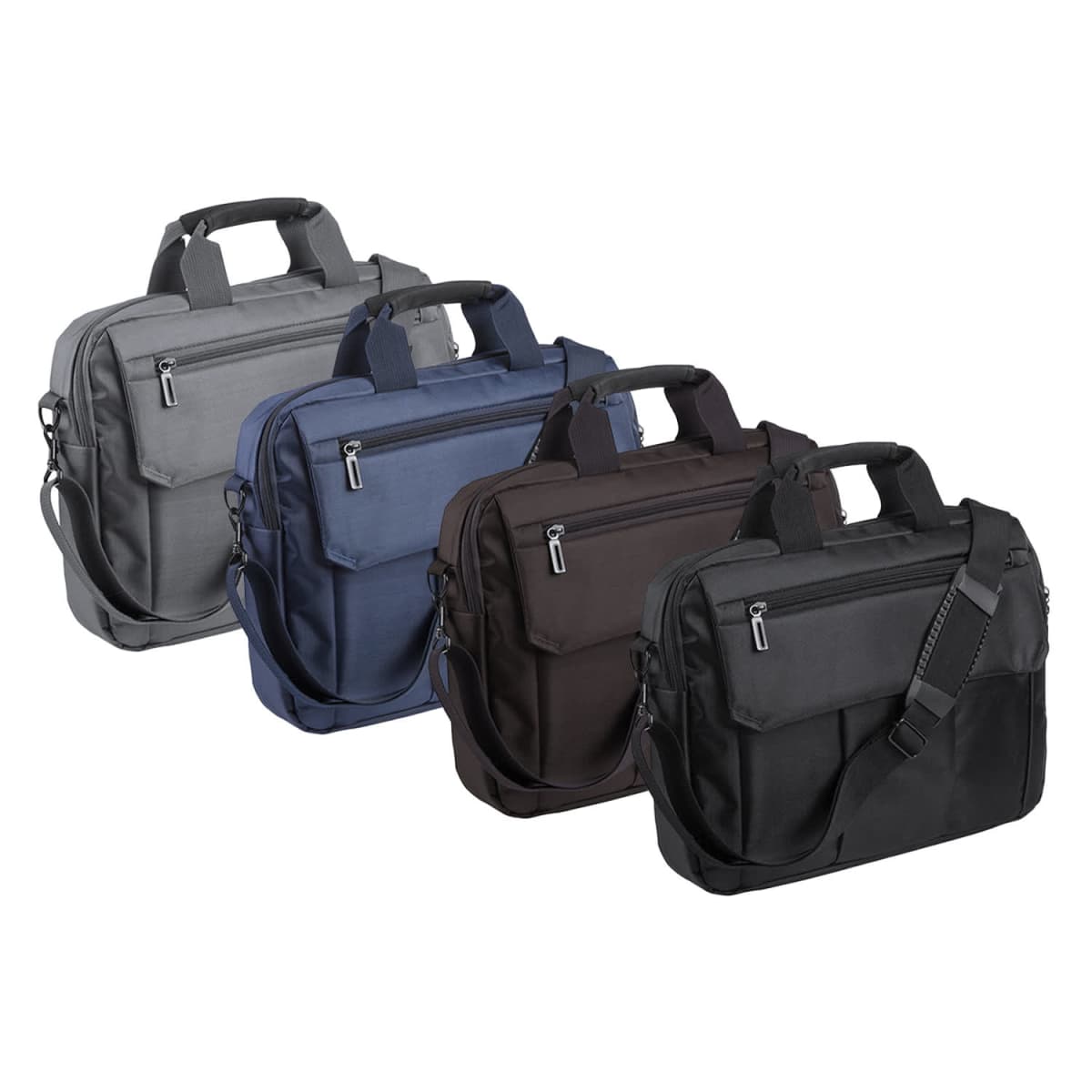 Four laptop bags in grey, blue, brown, and black, each with handles and shoulder straps.
