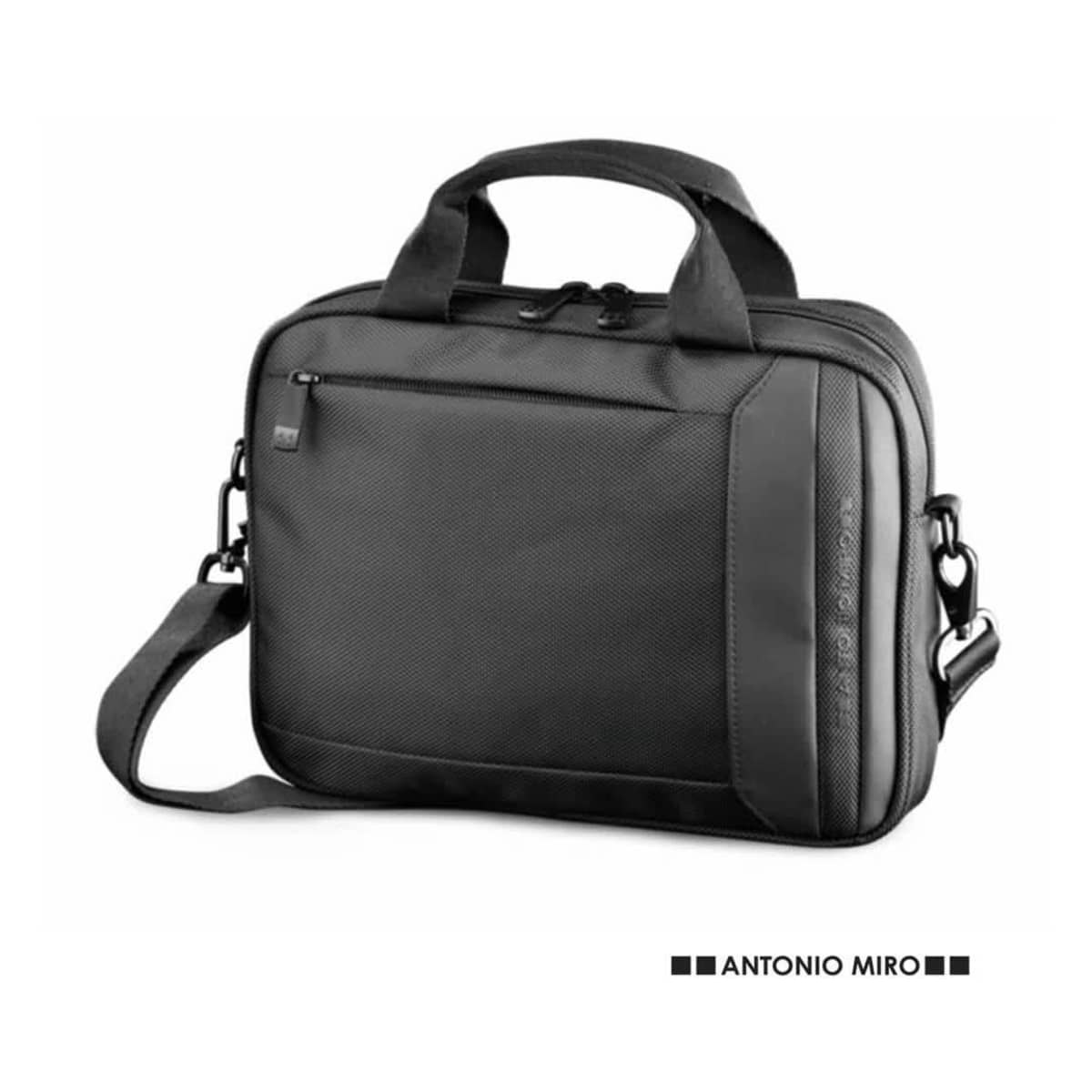 Black laptop bag with handles and shoulder strap, featuring a front pocket and zipper.