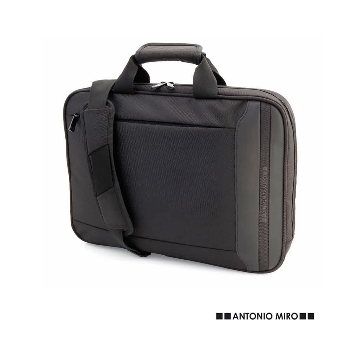 Black laptop briefcase with shoulder strap and handle, branded Antonio Miro at the bottom.