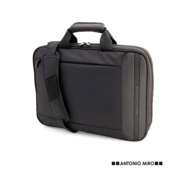 Black laptop briefcase with shoulder strap and handle, Antonio Miro logo in the corner.