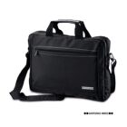 Black laptop bag with handles, front zipper pocket, and removable shoulder strap.
