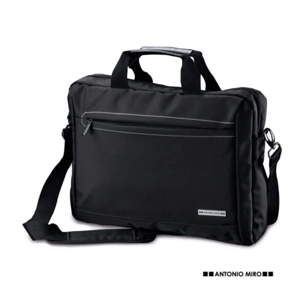 Black laptop bag with handles, front zipper pocket, and adjustable shoulder strap.