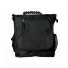 A black messenger bag with a handle, front zipper pocket, and mesh side pocket.