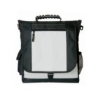 Black and gray messenger bag with handle, front pocket, and mesh side pocket.