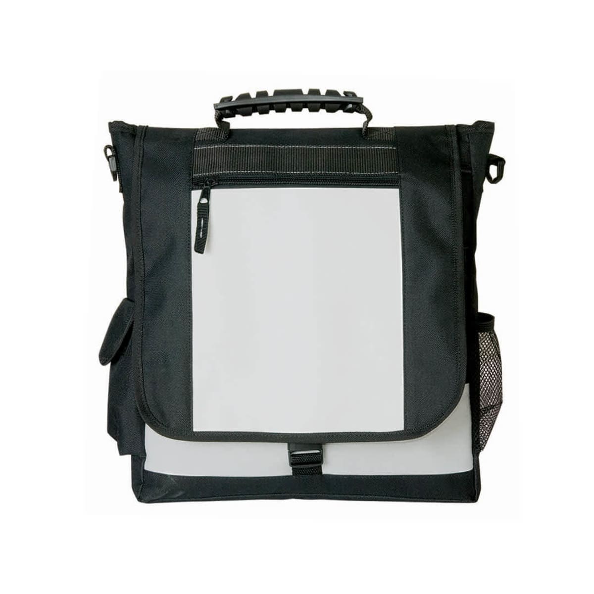 Black and gray messenger bag with handle, front pocket, and mesh side pocket.