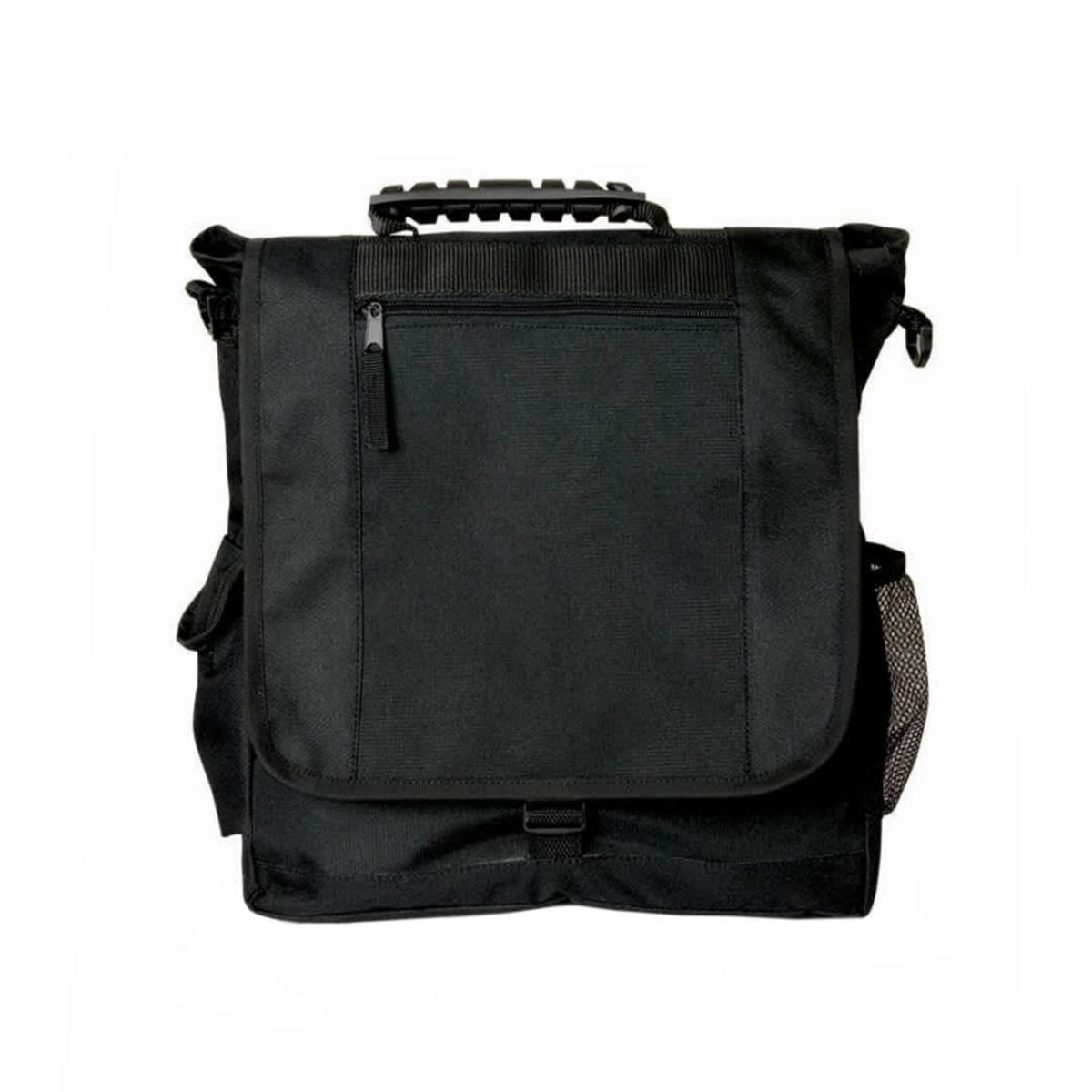 A black messenger bag with a handle, front zipper pocket, and mesh side pocket.