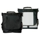 Two black and gray messenger bags with top handles and front zippered pockets.