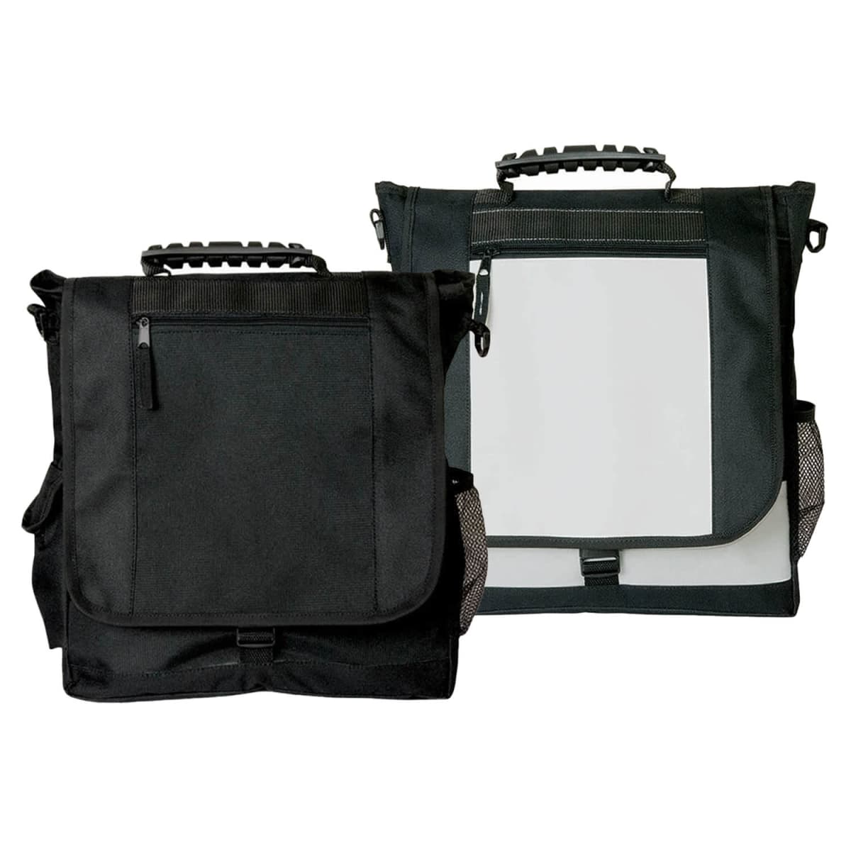 m9765_group Two black and gray messenger bags with handles and mesh side pockets.