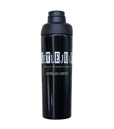 Black tumbler with BEETLEJUICE logo and AUSTRALIAN COMPANY printed on it.