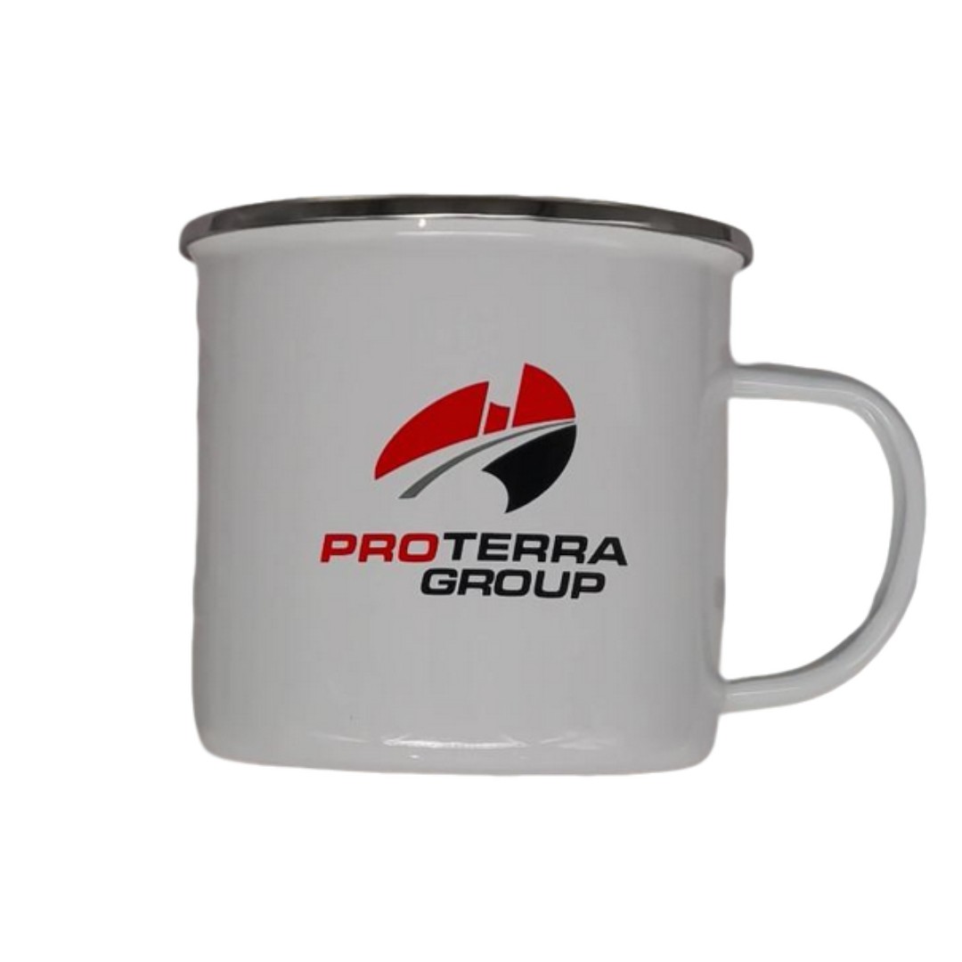 White mug with PROTERRA GROUP logo in red and black on the front, metal rim on top.