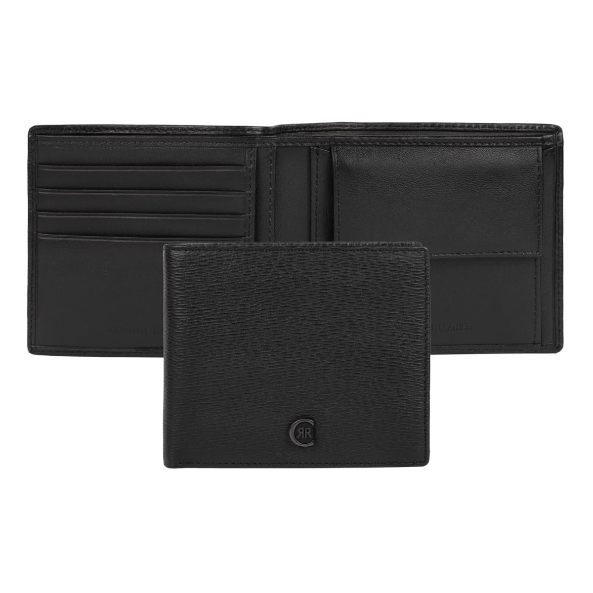 Black leather bifold wallet, open to show card slots and cash pocket, with exterior view in front.