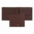 A brown leather wallet with card slots and a coin pocket, shown open and closed.