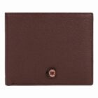 A brown leather wallet with a small round metal emblem on the bottom right corner.