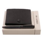 Black wallet and patterned pen on a Cerruti 1881 branded white box.