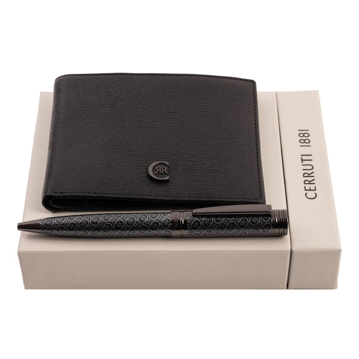 Black wallet and patterned pen on a Cerruti 1881 branded white box.