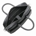 Black leather handbag with top zipper open, showing interior pockets and a handle on each side.