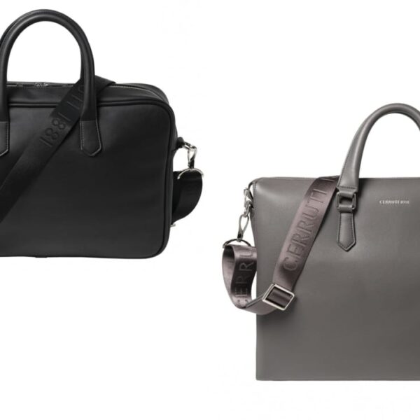 Two leather briefcases: one black with a plain strap, one gray with a branded strap.