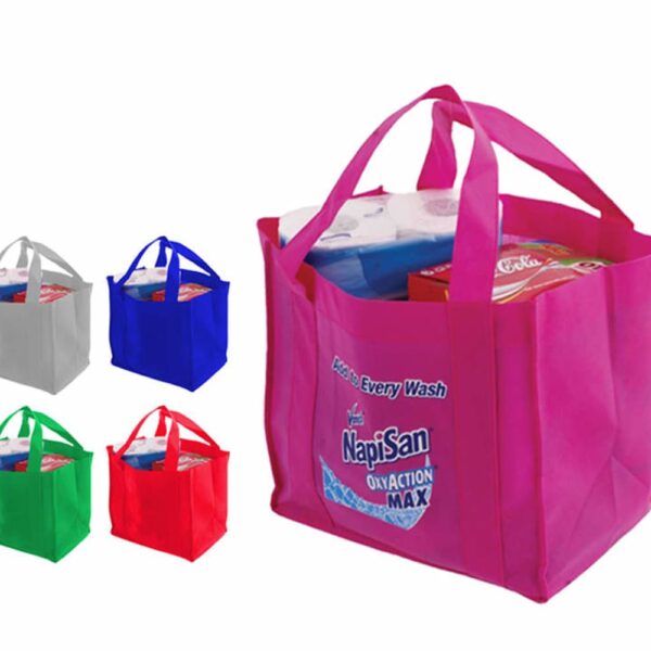Four colorful reusable shopping bags filled with groceries, shown in pink, blue, gray, green, and red.