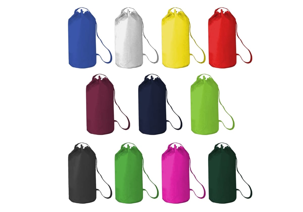Twelve colorful drawstring gym bags arranged in rows on a white background.