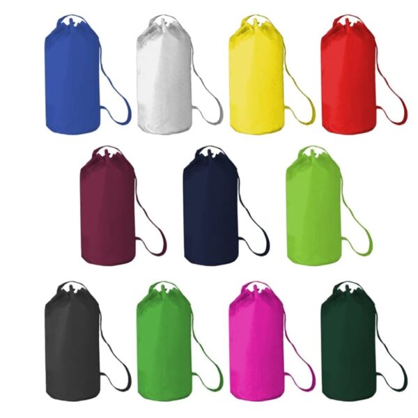 Twelve drawstring bags in various colors arranged in three rows against a white background.
