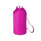 Bright pink duffel bag with a handle and shoulder strap, isolated on a white background.