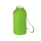Bright green cylindrical dry bag with a handle and shoulder strap, isolated on white background.