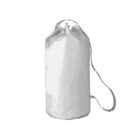 White cylindrical duffel bag with a shoulder strap and drawstring closure, isolated on white.