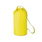 Yellow waterproof dry bag with a shoulder strap, standing upright on a white background.