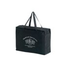 Black rectangular fabric bag with handles and a white logo and text on the front.