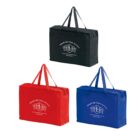 Three tote bags (black, red, blue) with white logo and text, each with handles and zippers.